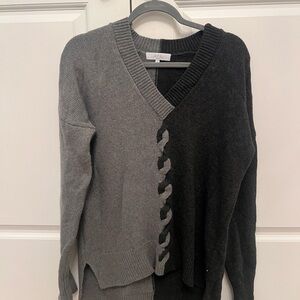 Pearl by Lila Rose V-Neck Sweater in Gray and Black with Braided Accent